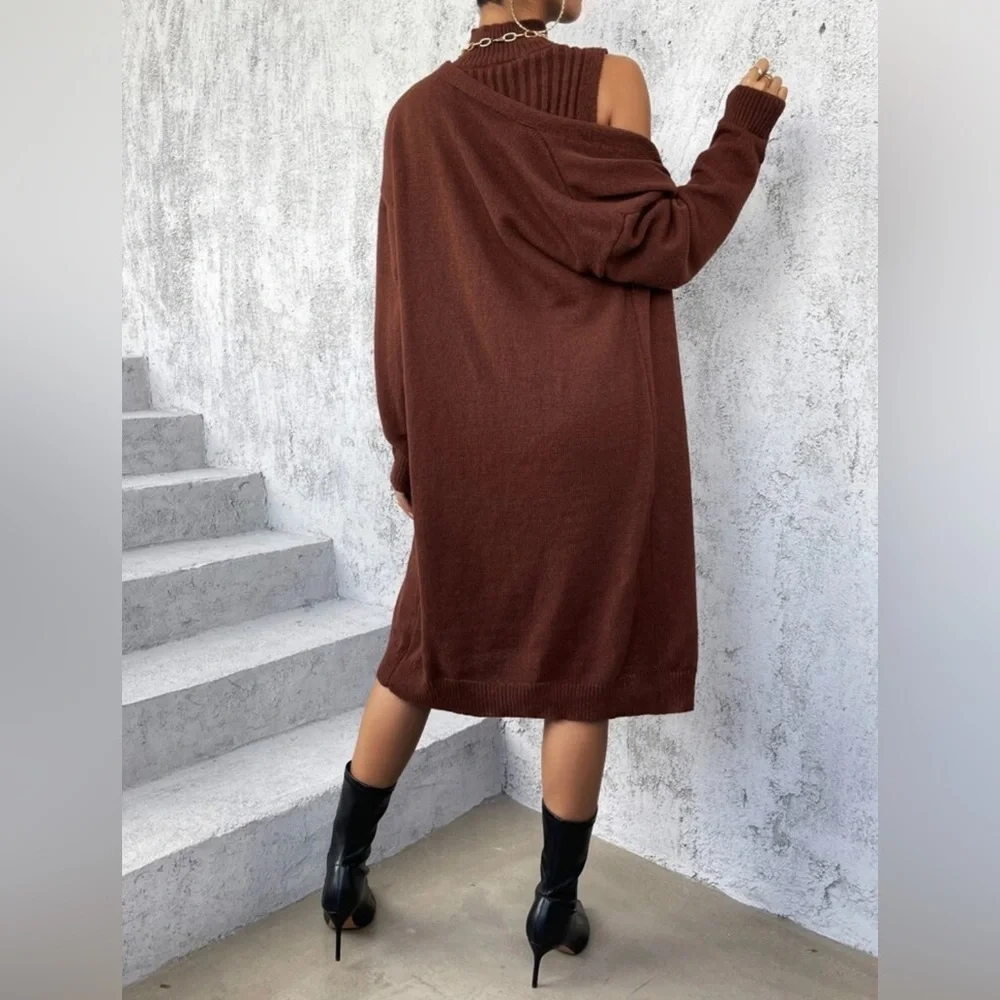 Drop Shoulder Duster Cardigan & Mock Neck Sweater Dress Without Belt - Picture 2 of 7